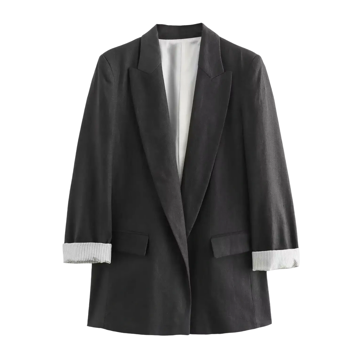 Women olive green blazer with sleek tailored fit and contrasting white striped cuffs for formal wear