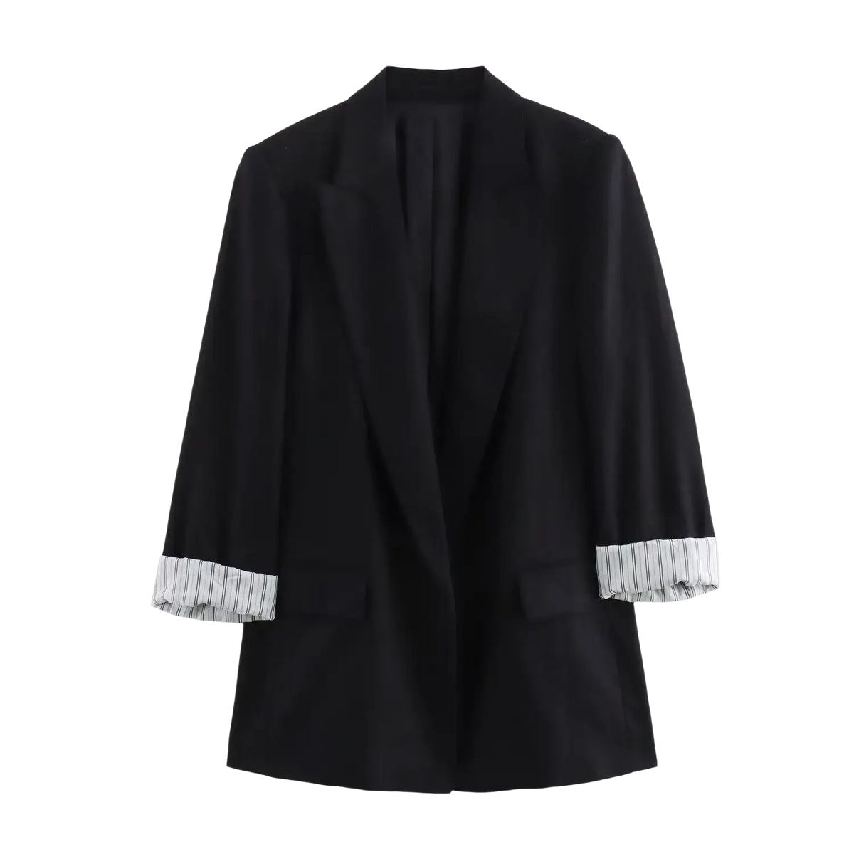 Black blazer with three-quarter length sleeves and olive green striped cuffs for women in a stylish design
