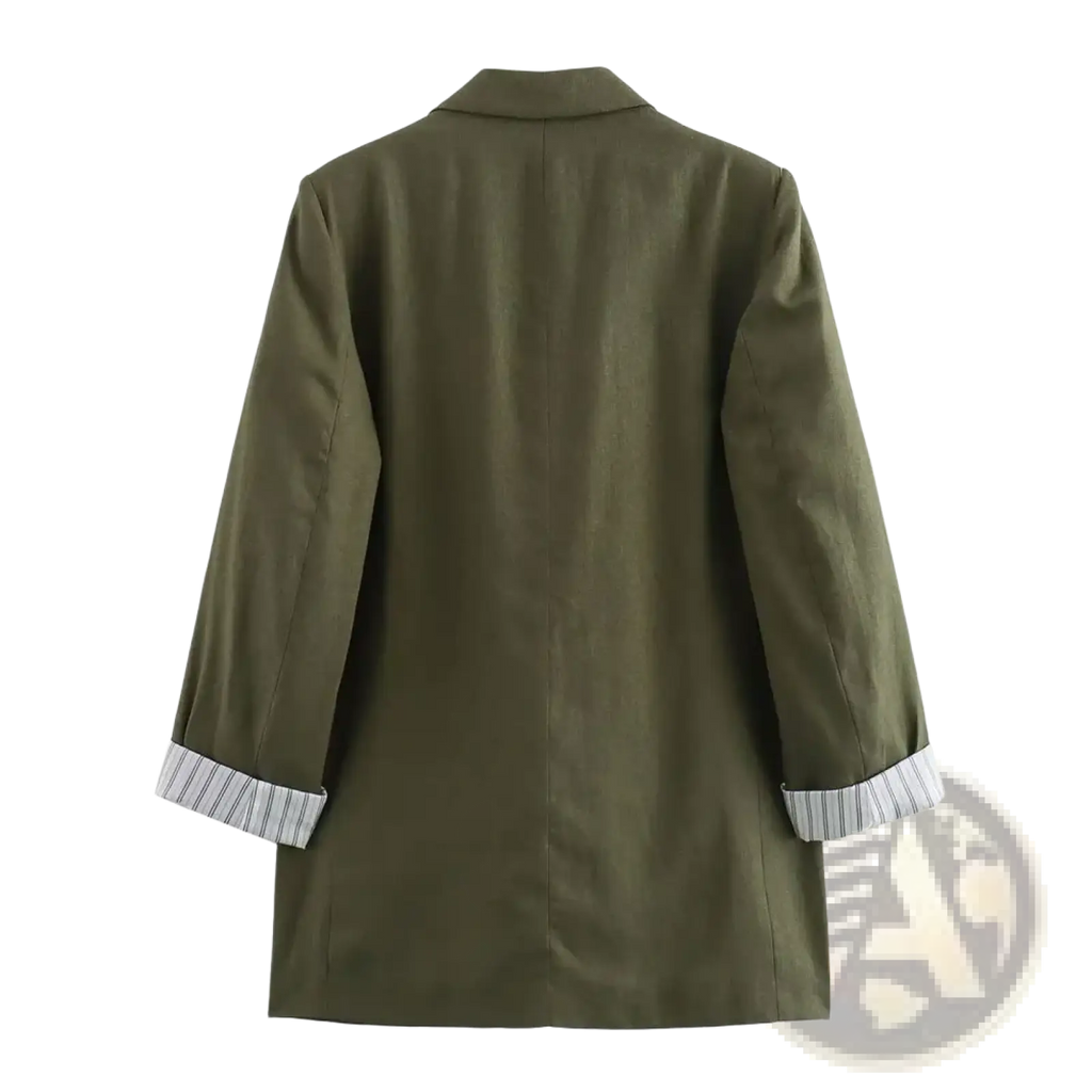 Women olive green blazer featuring striped cuffs in a tailored design for formal and casual occasions