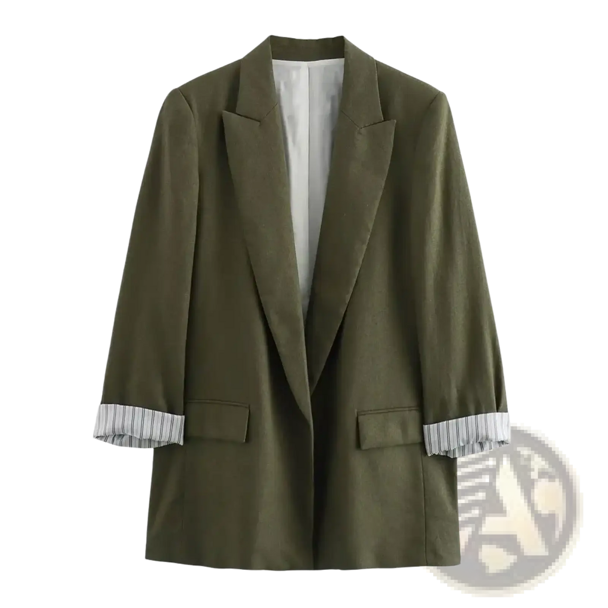 Women olive green blazer featuring striped cuffs and white inner lining suitable for formal and casual wear