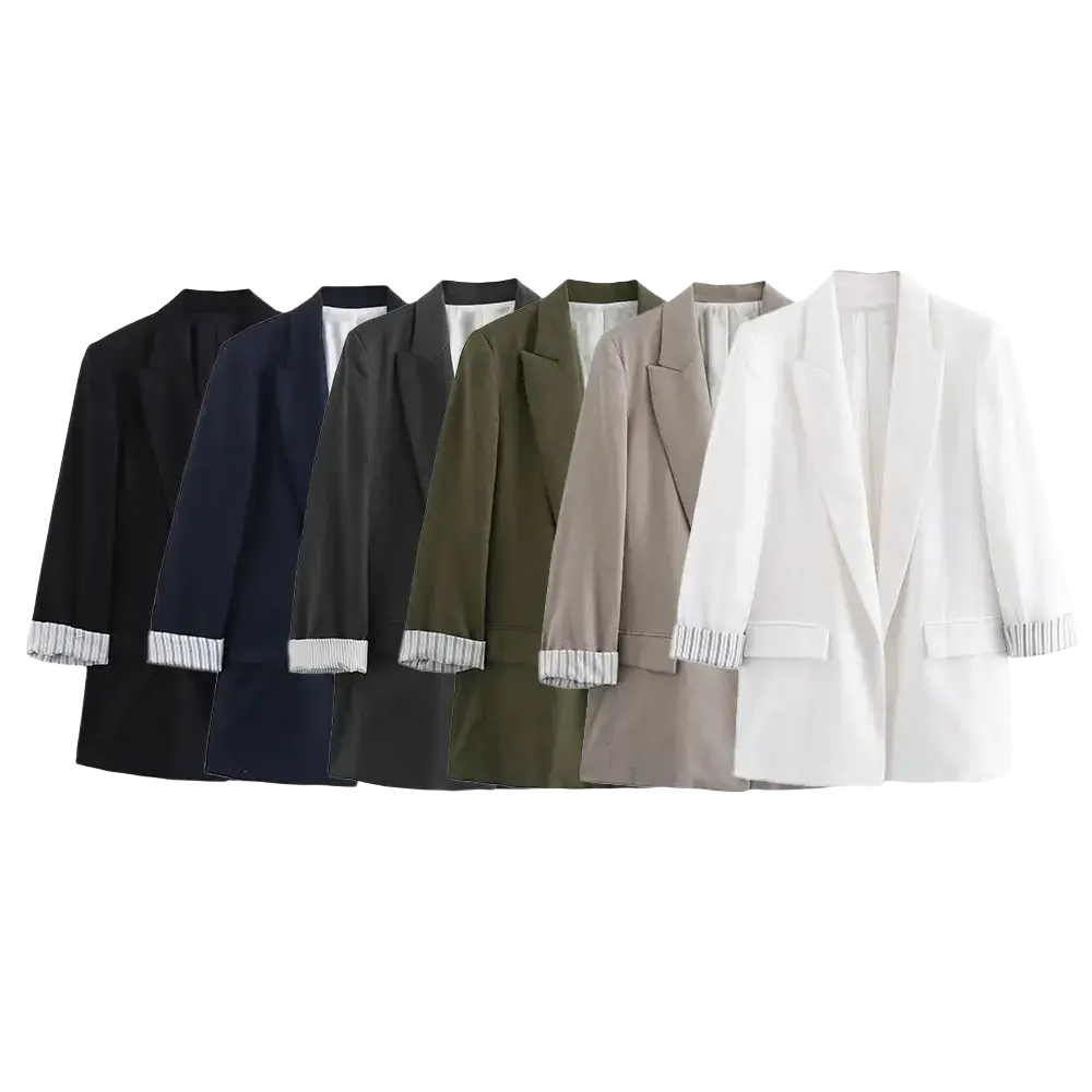 Women olive green duoperi blazer with contrasting striped cuffs available in black navy beige and white colors