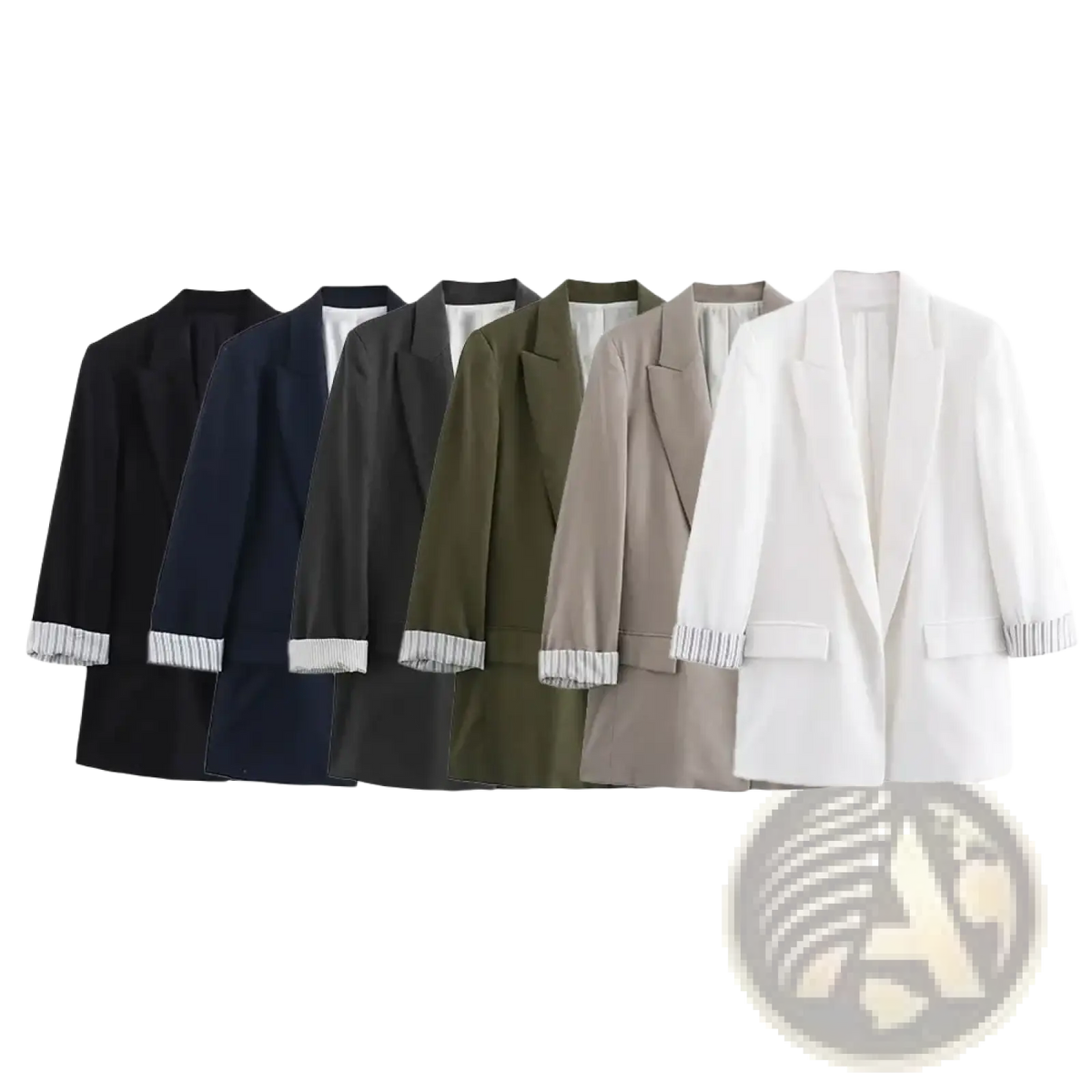 Women olive green duoperi blazer with contrasting striped cuffs available in black navy beige and white colors