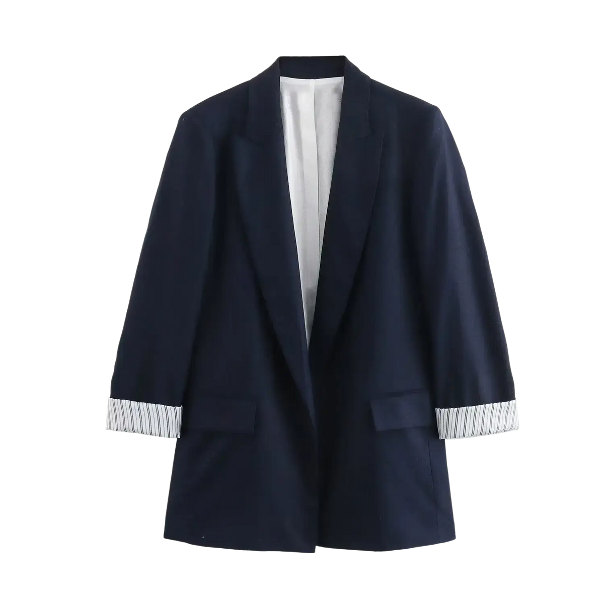 Navy blue women blazer with striped cuffs and white inner lining featured in olive green striped cuff collection