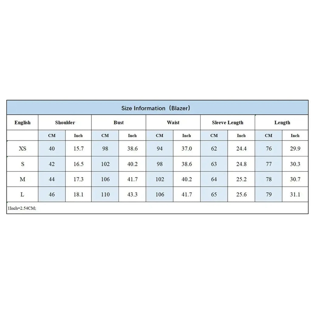 Women olive green striped cuff blazer size chart showing measurements in centimeters and inches for xs to l sizes