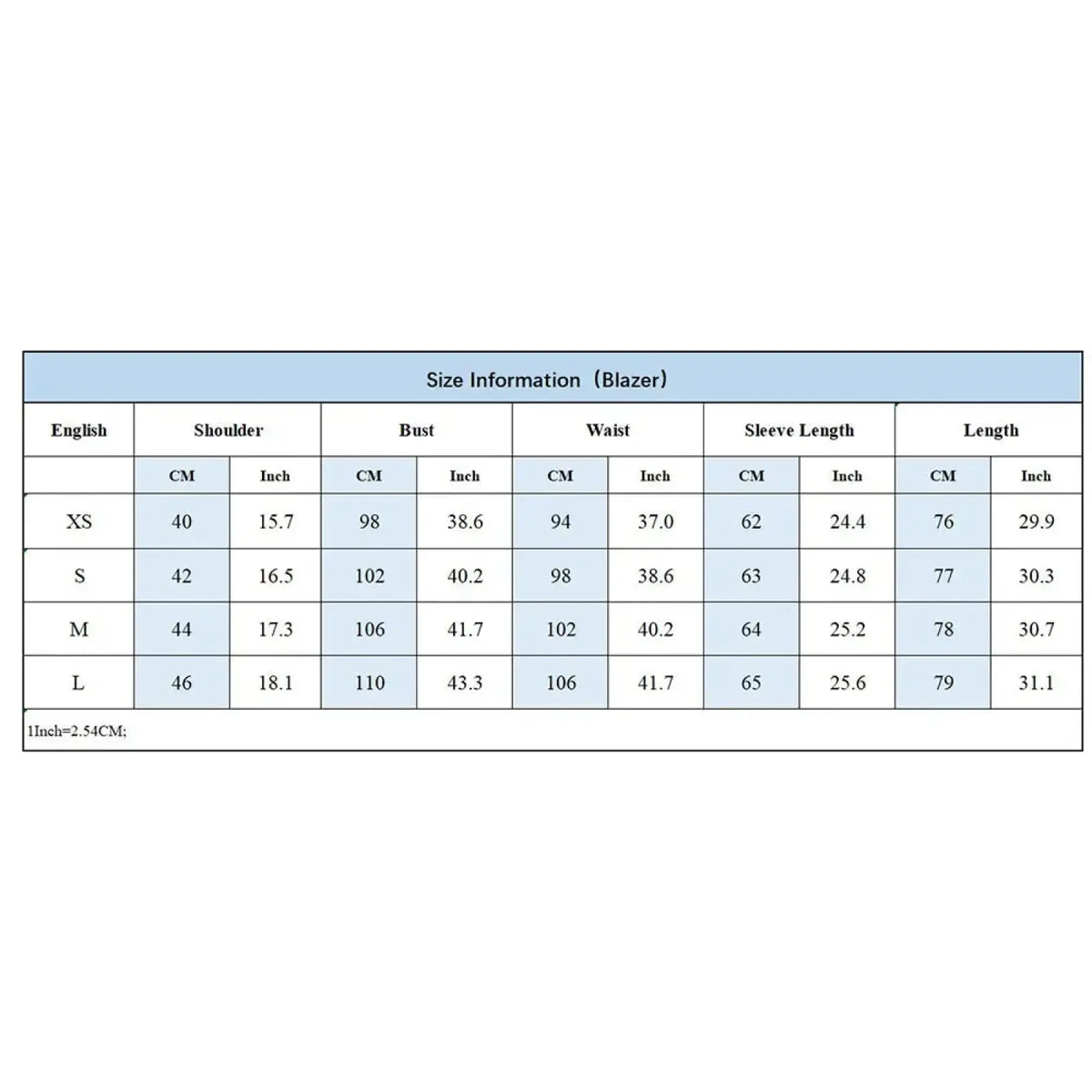 Women olive green striped cuff blazer size chart showing measurements in centimeters and inches for xs to l sizes