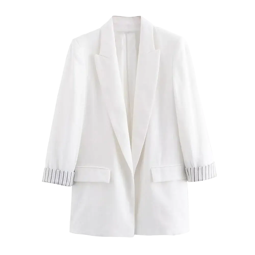 White blazer featuring olive green striped cuffs designed for women in a stylish tailored fit