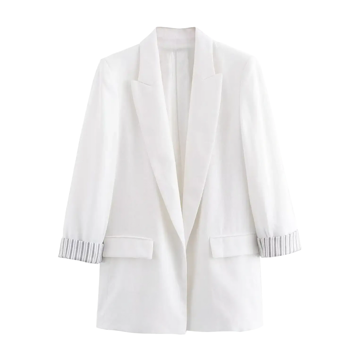 White blazer with olive green striped cuffs and front pockets made of tailored fabric for women