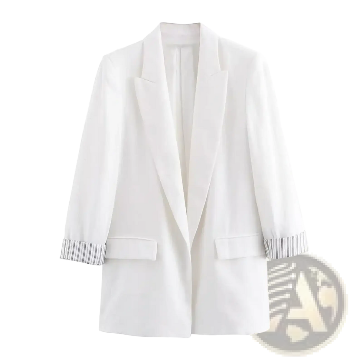 White blazer featuring olive green striped cuffs designed for women in a stylish tailored fit