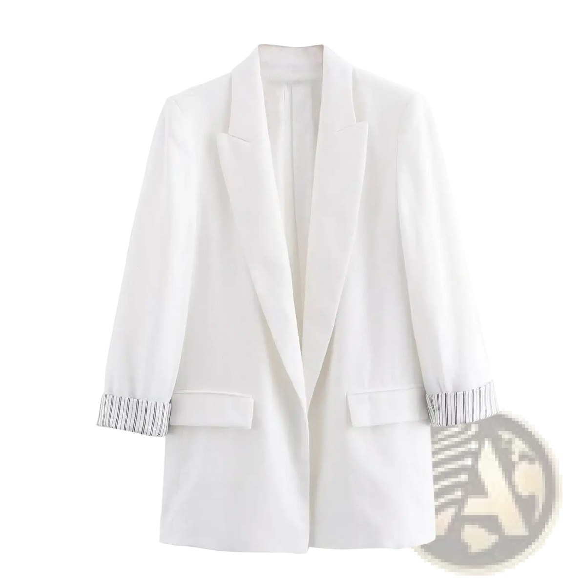 White blazer with olive green striped cuffs and front pockets made of tailored fabric for women