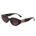 Black cat-eye women oval designer sunglasses with gold-tone Miu Miu branding and gradient purple UV400 lenses