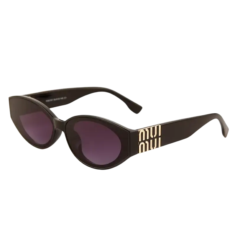 Black cat-eye women oval designer sunglasses with gold-tone Miu Miu branding and gradient purple UV400 lenses