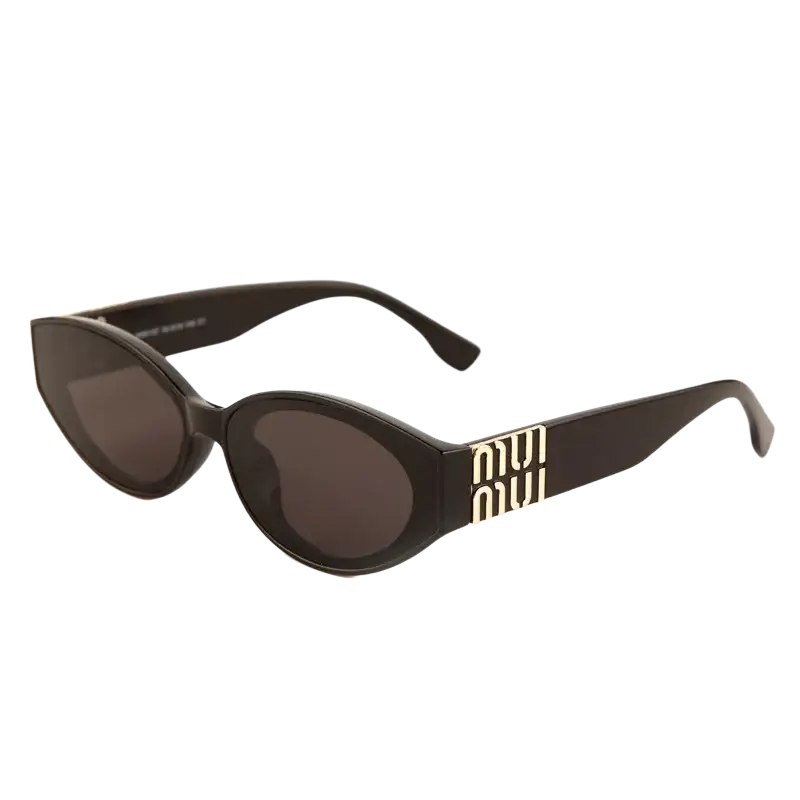 Women oval designer sunglasses with black frames dark brown lenses and gold-tone miu miu branding on the temples