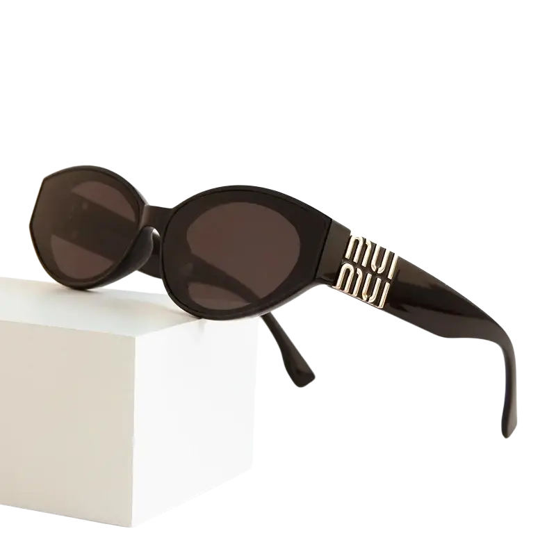 Women oval designer sunglasses with uv400 protection featuring black miu miu glossy frame and dark brown lenses