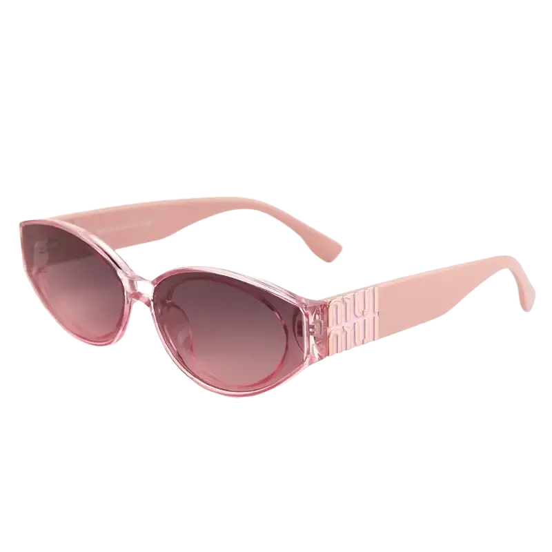 Women oval designer sunglasses with pink translucent cat-eye uv400 gradient lenses and branded logo on the temple