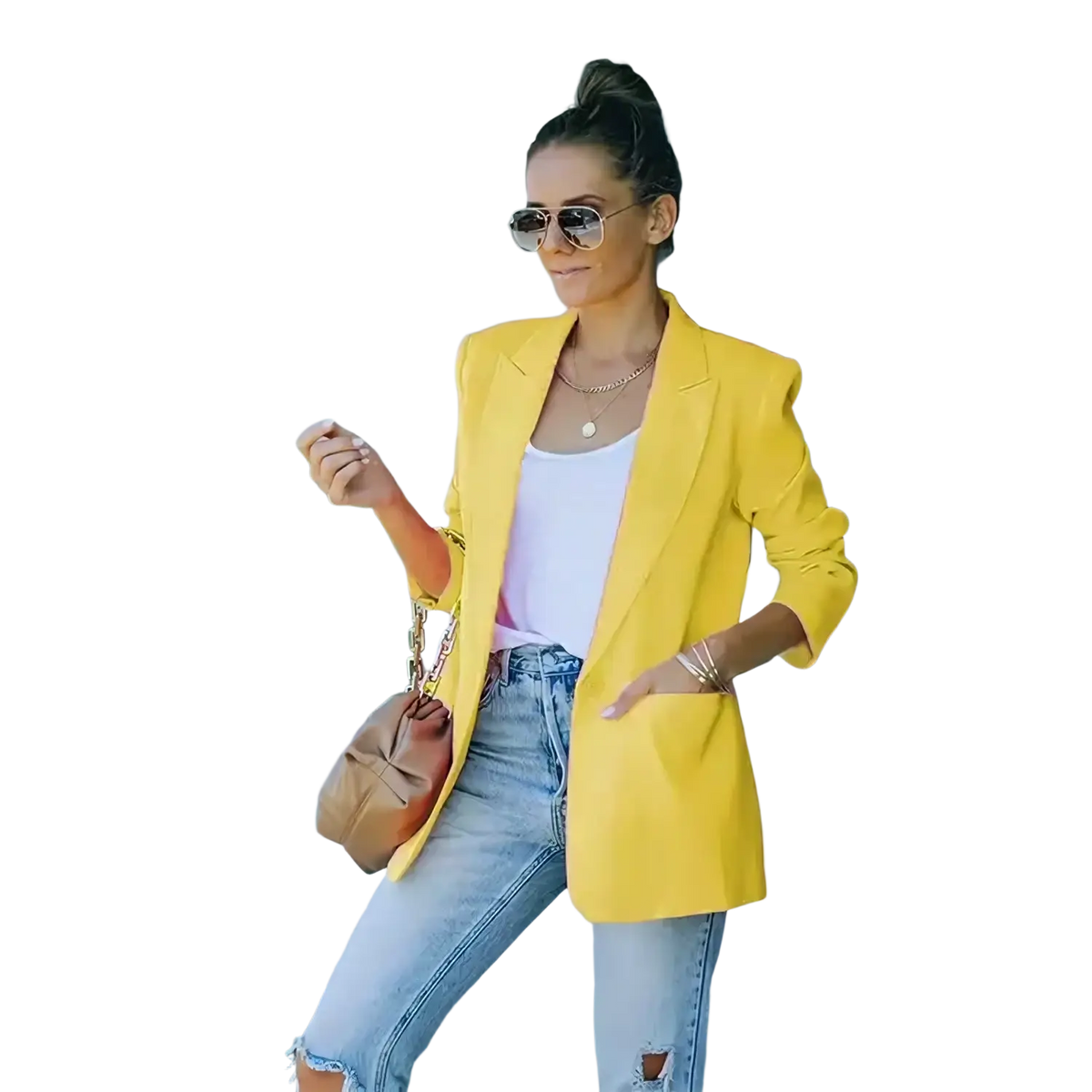 Women oversized blazer in bright yellow with structured shoulders and tailored fit for casual office wear