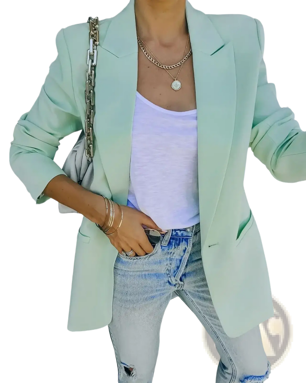 Women oversized blazer casual office suit jacket in mint green with notched lapels and tailored fit