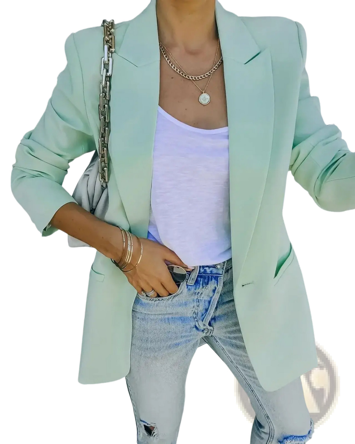 Women oversized blazer casual office suit jacket in mint green with notched lapels and tailored fit