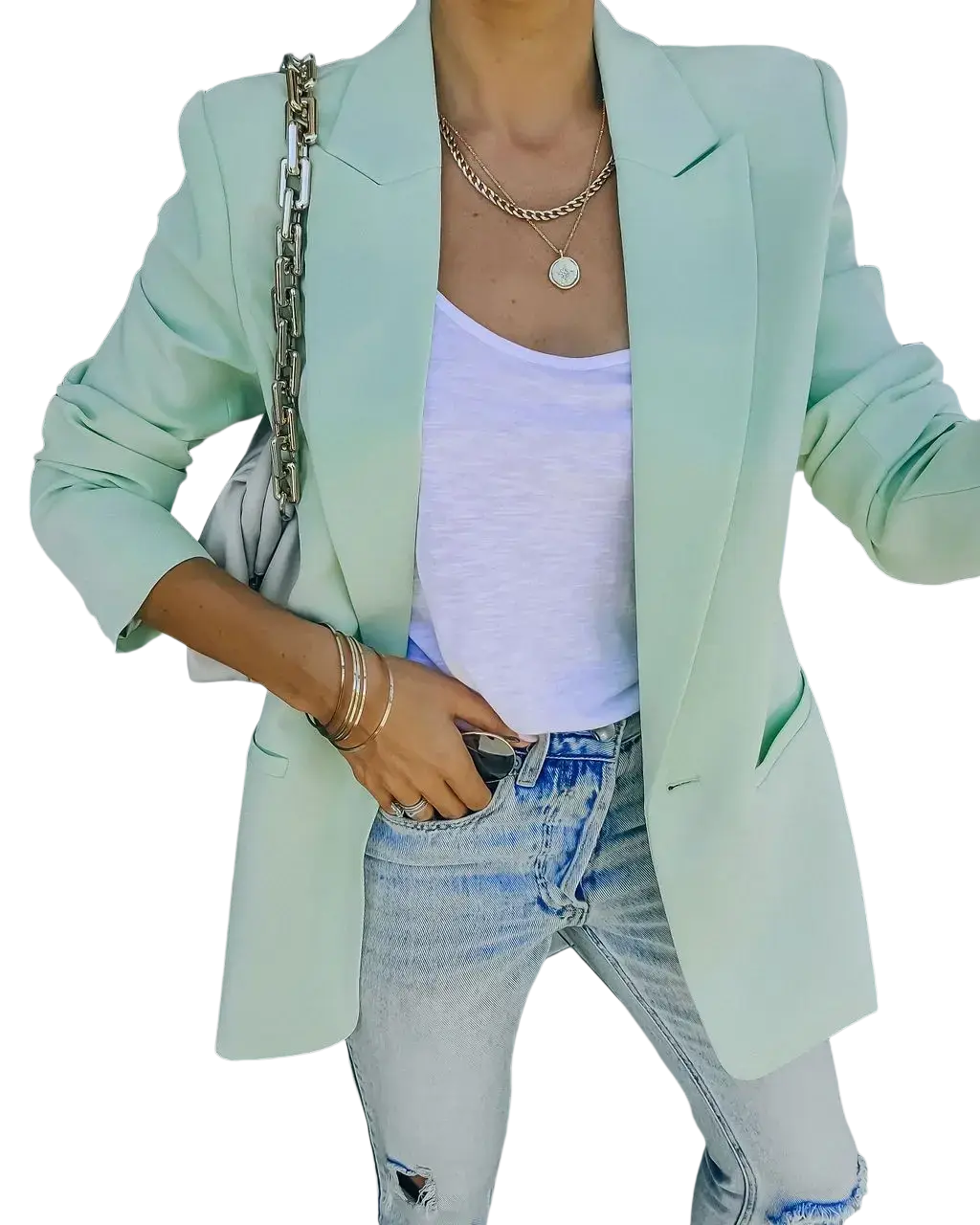Women oversized blazer casual office suit jacket in mint green with notched lapels and tailored fit
