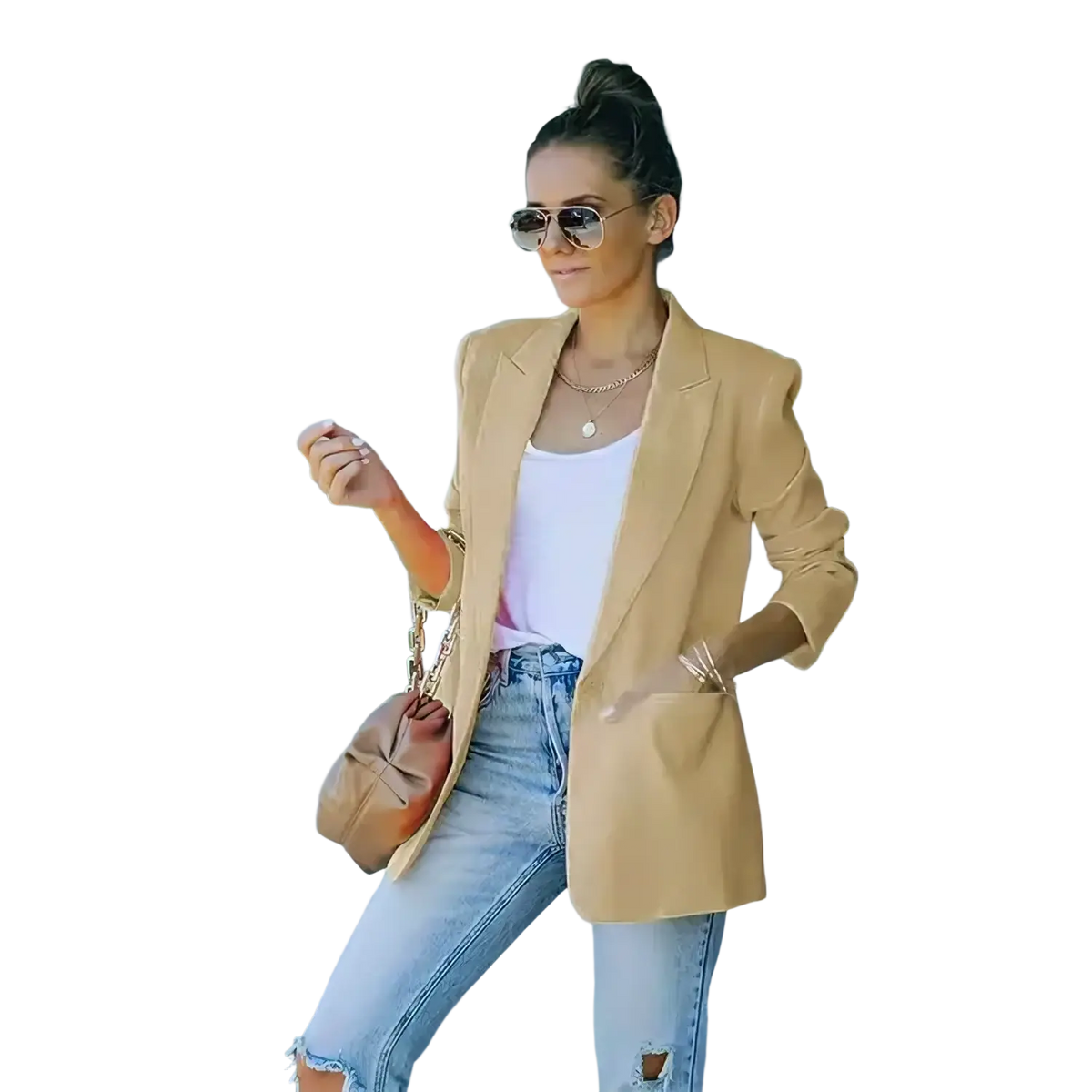 Women oversized blazer casual office suit jacket in tan with structured shoulders and a sleek tailored fit
