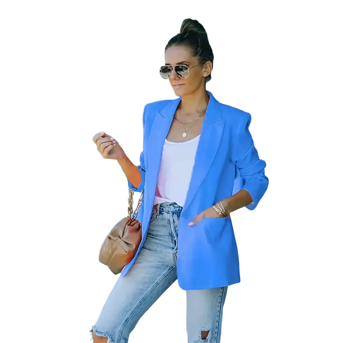 Vibrant blue women oversized blazer with structured shoulders and tailored fit for casual office suit jacket wear