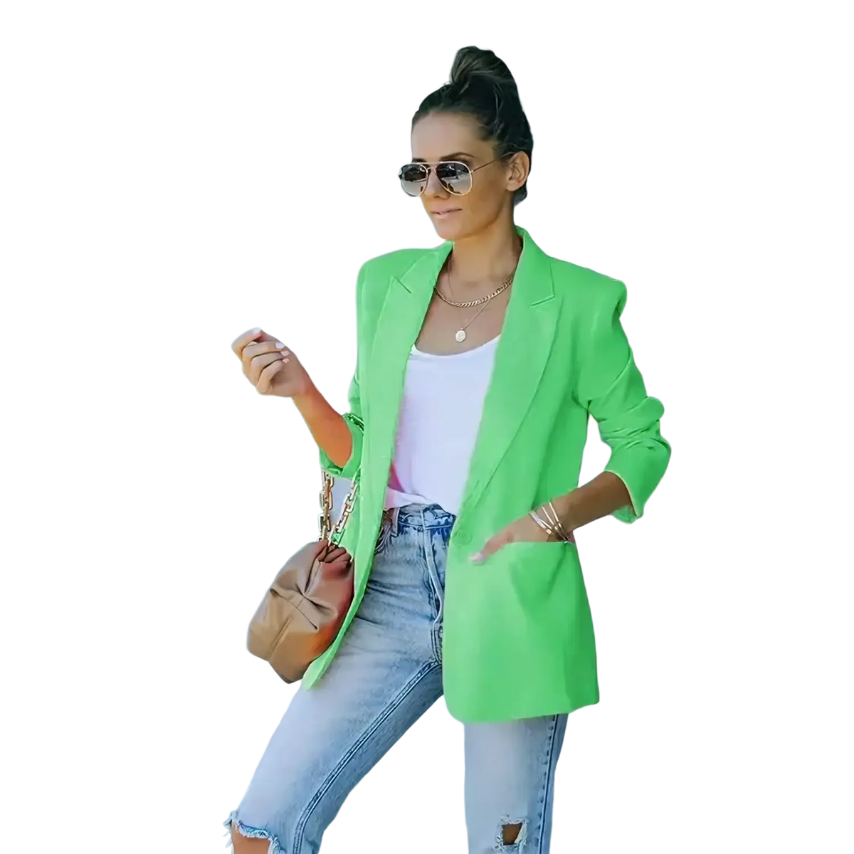 Vibrant green women oversized blazer with structured shoulders and tailored fit for casual office wear