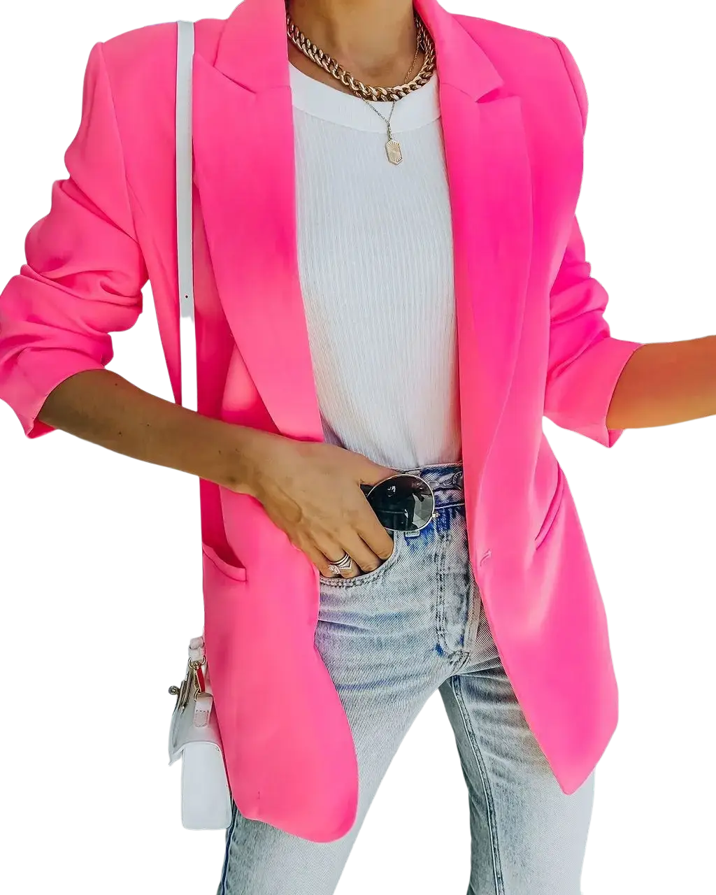 Women oversized blazer casual office suit jacket in vibrant pink with sleek tailored fit and subtle sheen