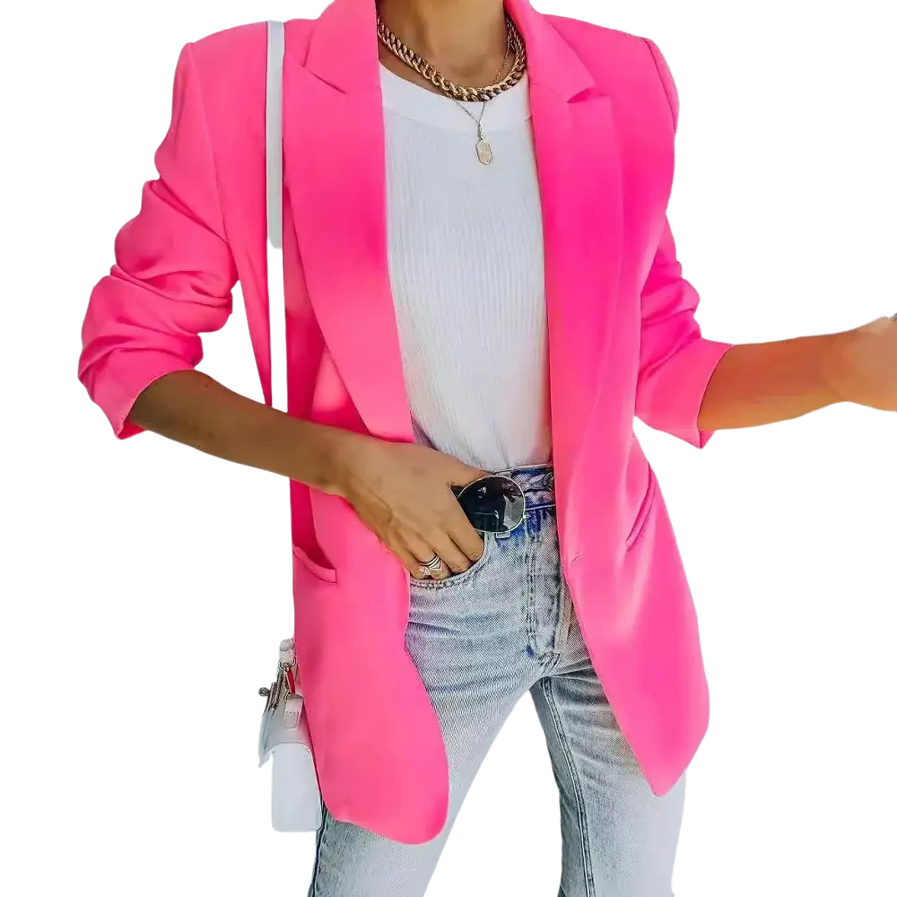 A vibrant pink oversized women blazer with a sleek tailored fit and notched lapels for casual office wear