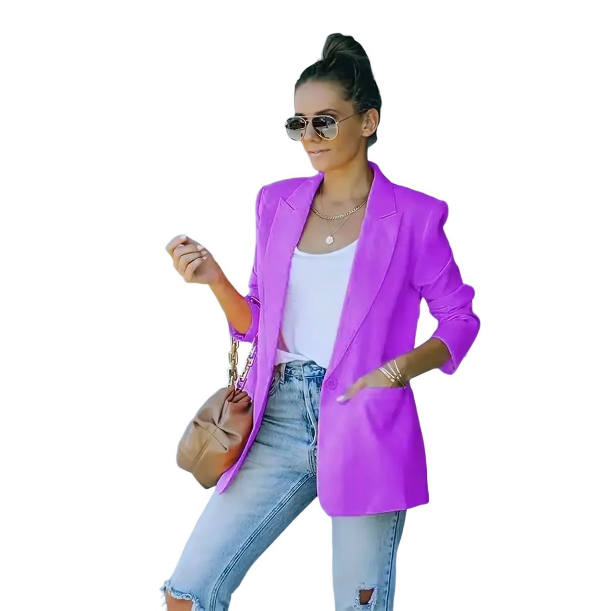 Vibrant purple women oversized blazer with tailored fit and subtle sheen for casual office suit jacket use
