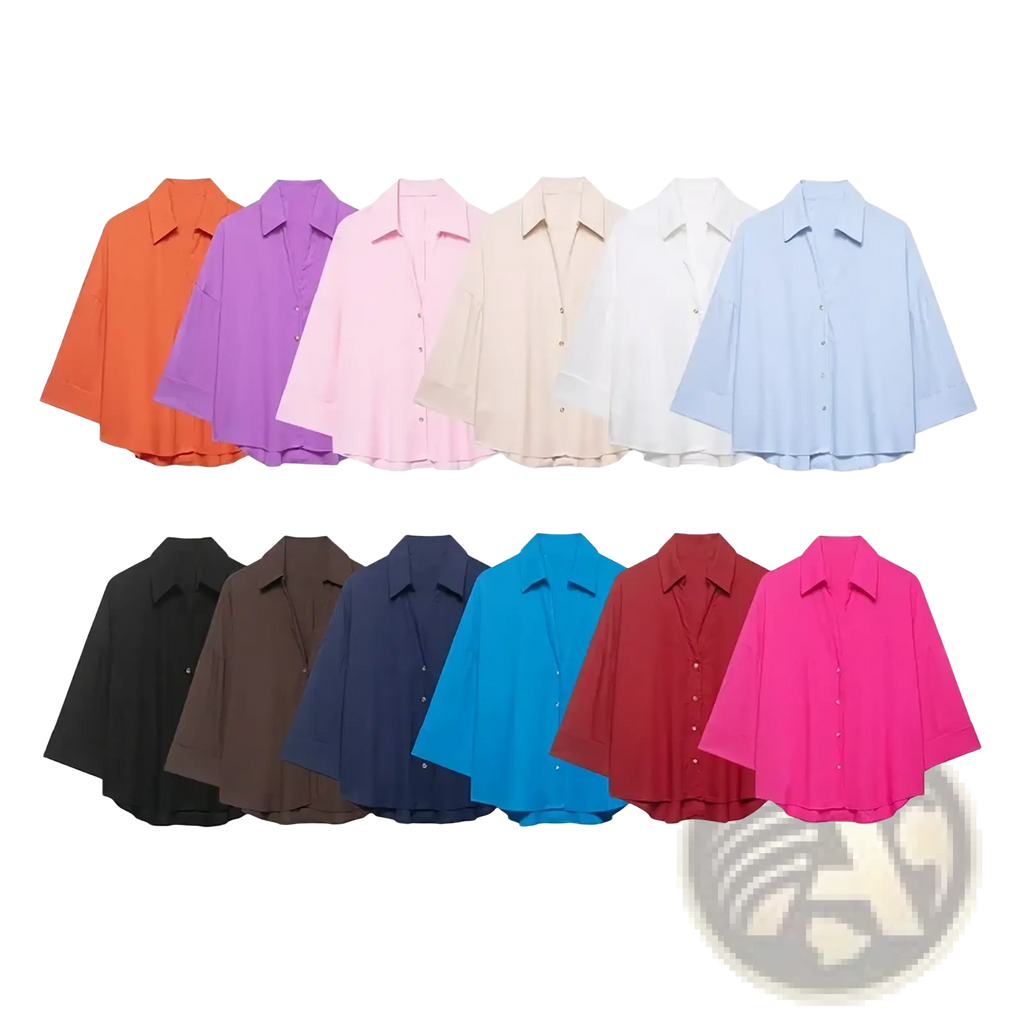 Women oversized casual button down shirt blouse collection in soft flowing fabric with vibrant and neutral hues