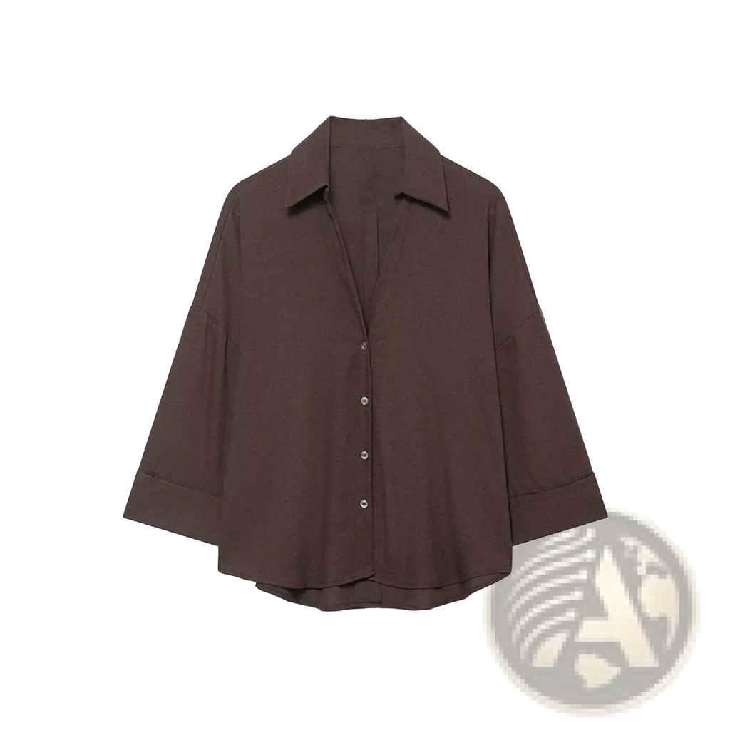 Women oversized casual button down shirt blouse in dark brown with wide sleeves and classic collar, loose fitting design