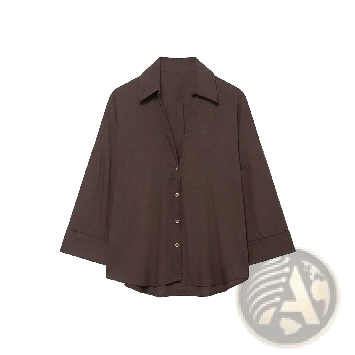 Women oversized casual button down shirt blouse in dark brown with wide sleeves and classic collar, loose fitting design