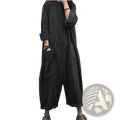 Black loose-fitting oversized casual cargo jumpsuit romper with button-up front wide-leg pants and large side pockets