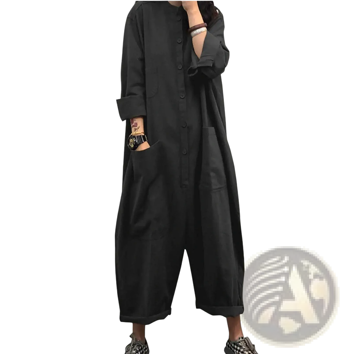 Black loose-fitting oversized casual cargo jumpsuit romper with button-up front wide-leg pants and large side pockets