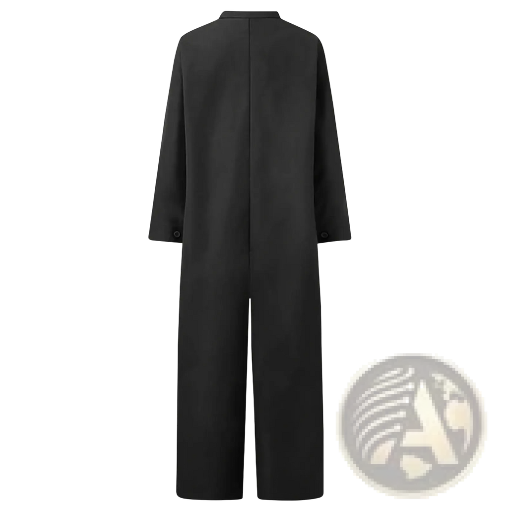 Black minimalist oversized casual cargo one-piece jumpsuit romper with straight-cut silhouette and long sleeves
