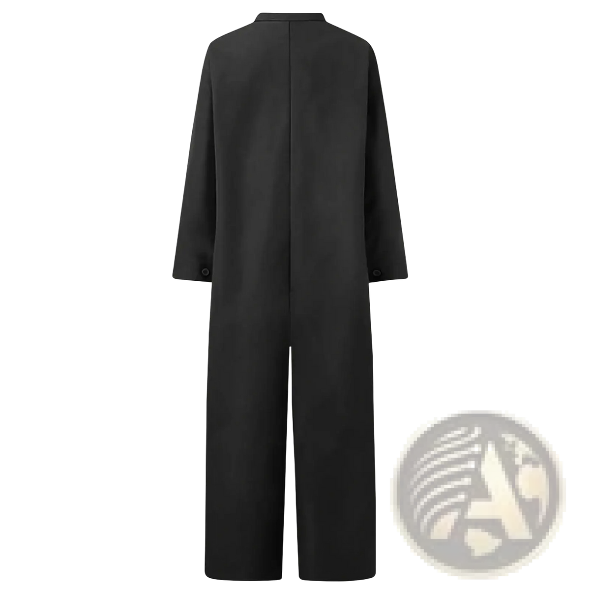 Black minimalist oversized casual cargo one-piece jumpsuit romper with straight-cut silhouette and long sleeves