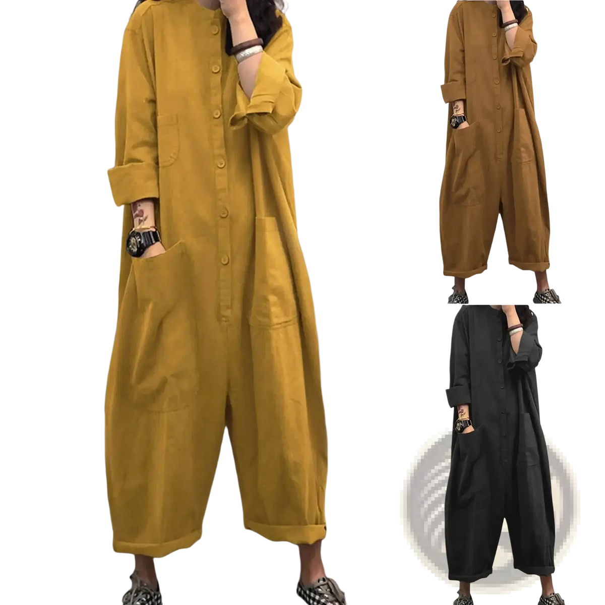 Mustard yellow oversized casual cargo jumpsuit romper with wide legs and front pockets for women