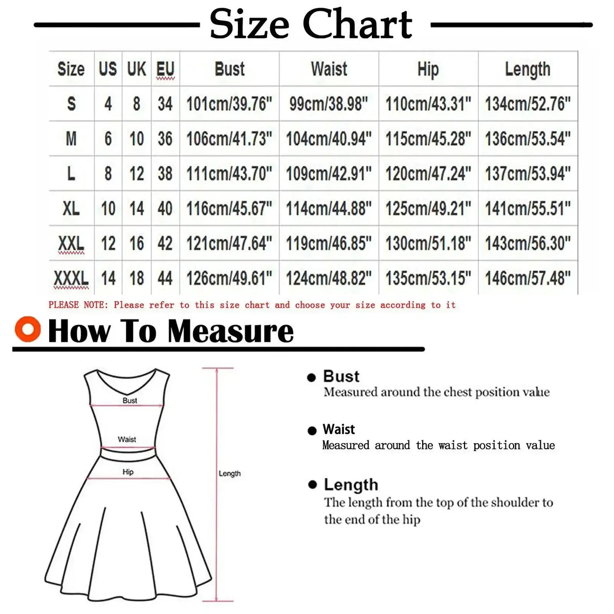 Size chart for women oversized casual cargo jumpsuit romper showing bust waist hip and length in US UK and EU sizes