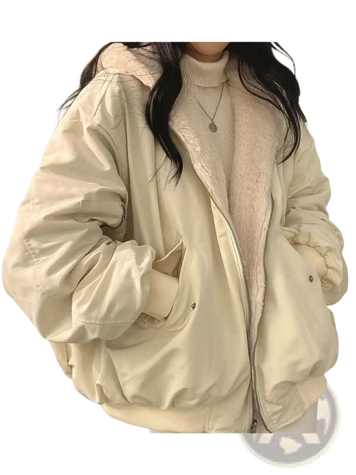 Women oversized double sided hooded parka jacket in cream with plush fuzzy interior lining and ribbed cuffs