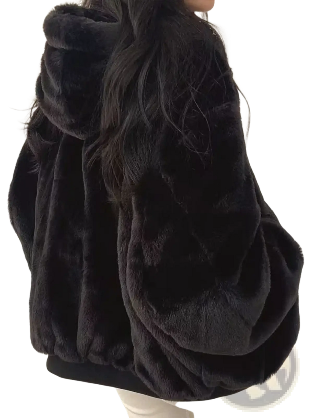 Women oversized double sided hooded parka jacket in black faux fur with plush texture and puffy sleeves