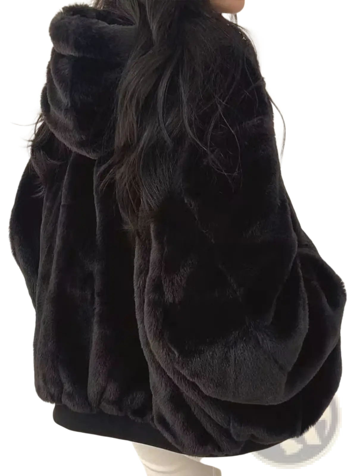 Women oversized double sided hooded parka jacket in black faux fur with plush texture and puffy sleeves