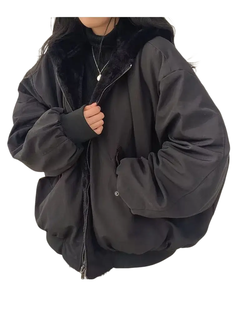 Women oversized double sided hooded parka jacket in black puffer with plush faux fur lined hood and quilted body