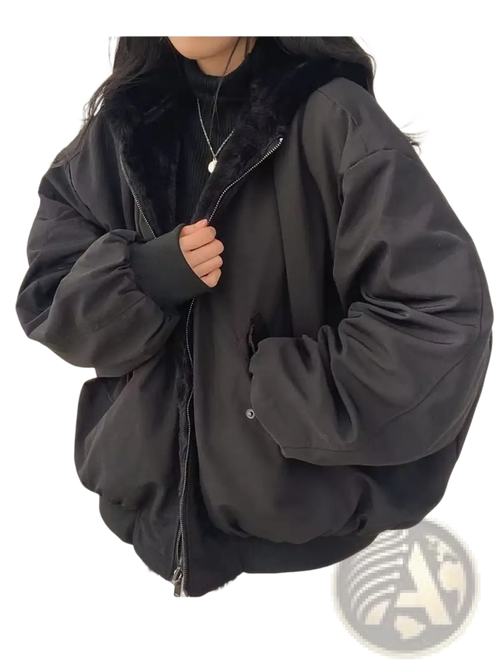 Women oversized double sided hooded parka jacket in black puffer with plush faux fur lined hood and quilted body
