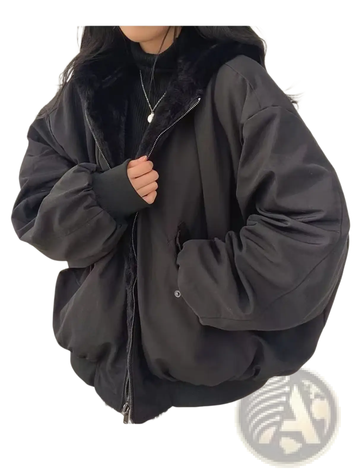 Women oversized double sided hooded parka jacket in black puffer with plush faux fur lined hood and quilted body