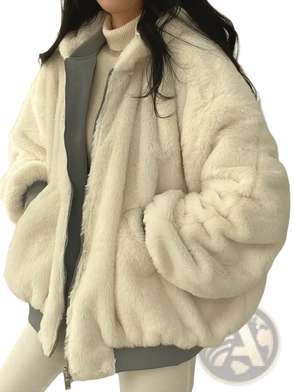 Women oversized double sided hooded parka jacket in cream faux fur with gray inner lining and zipper detail