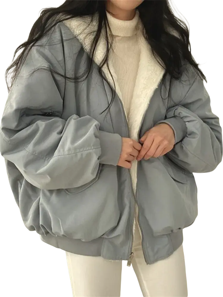 Women oversized double sided hooded parka jacket in gray with plush white shearling lining and voluminous sleeves