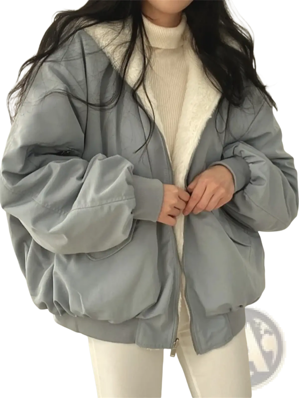 Women oversized double sided hooded parka jacket in gray with plush white shearling lining and voluminous sleeves