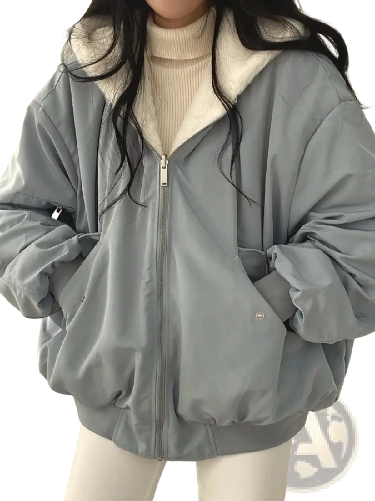 Women oversized double sided hooded parka jacket in light gray puffer with plush white fleece lined hood and ribbed cuffs
