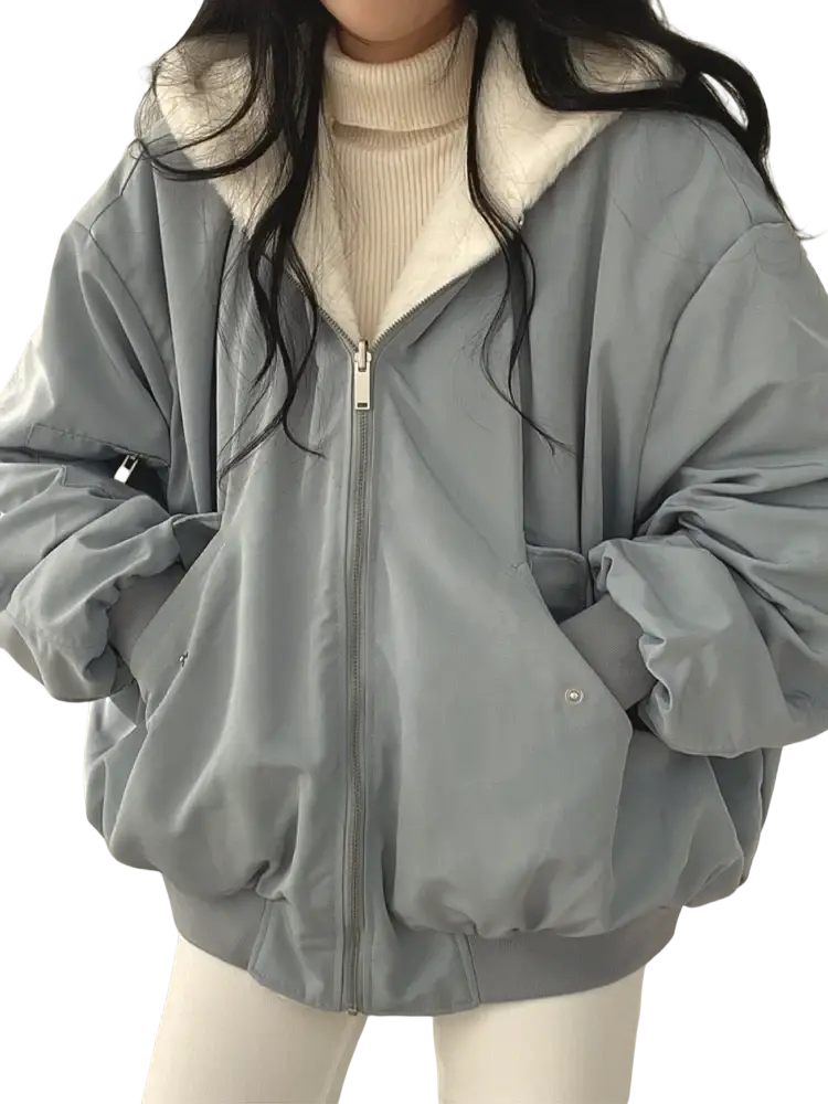 Women oversized double sided hooded parka jacket in light gray puffer with plush white fleece lined hood and ribbed cuffs