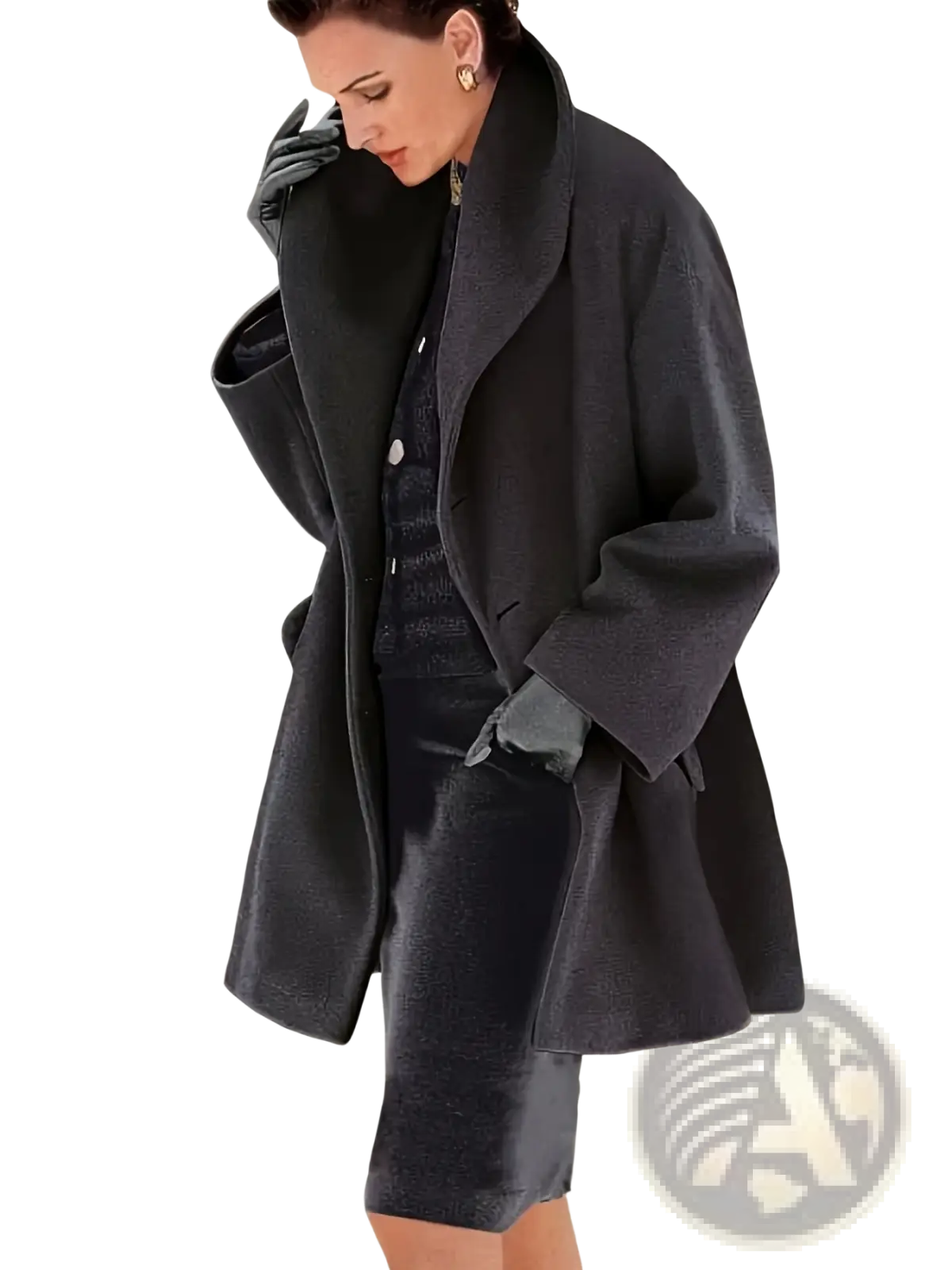 A dark charcoal oversized woolen overcoat with a wide collar and matching gloves for women