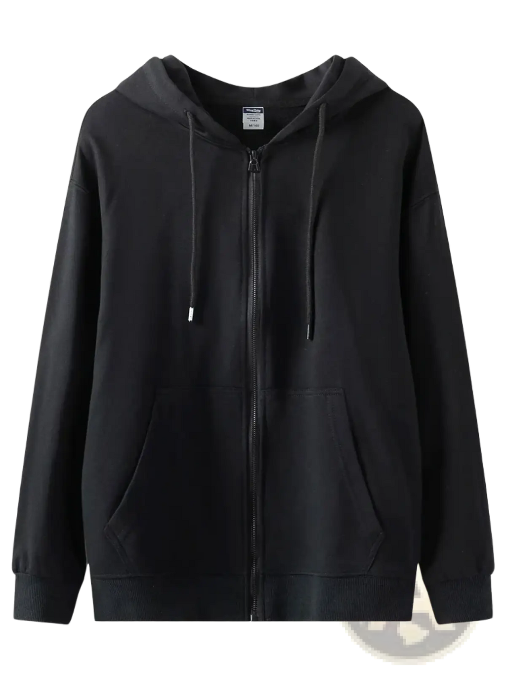Black oversized zip up hoodie with drawstrings front pockets made of cotton ideal for casual wear